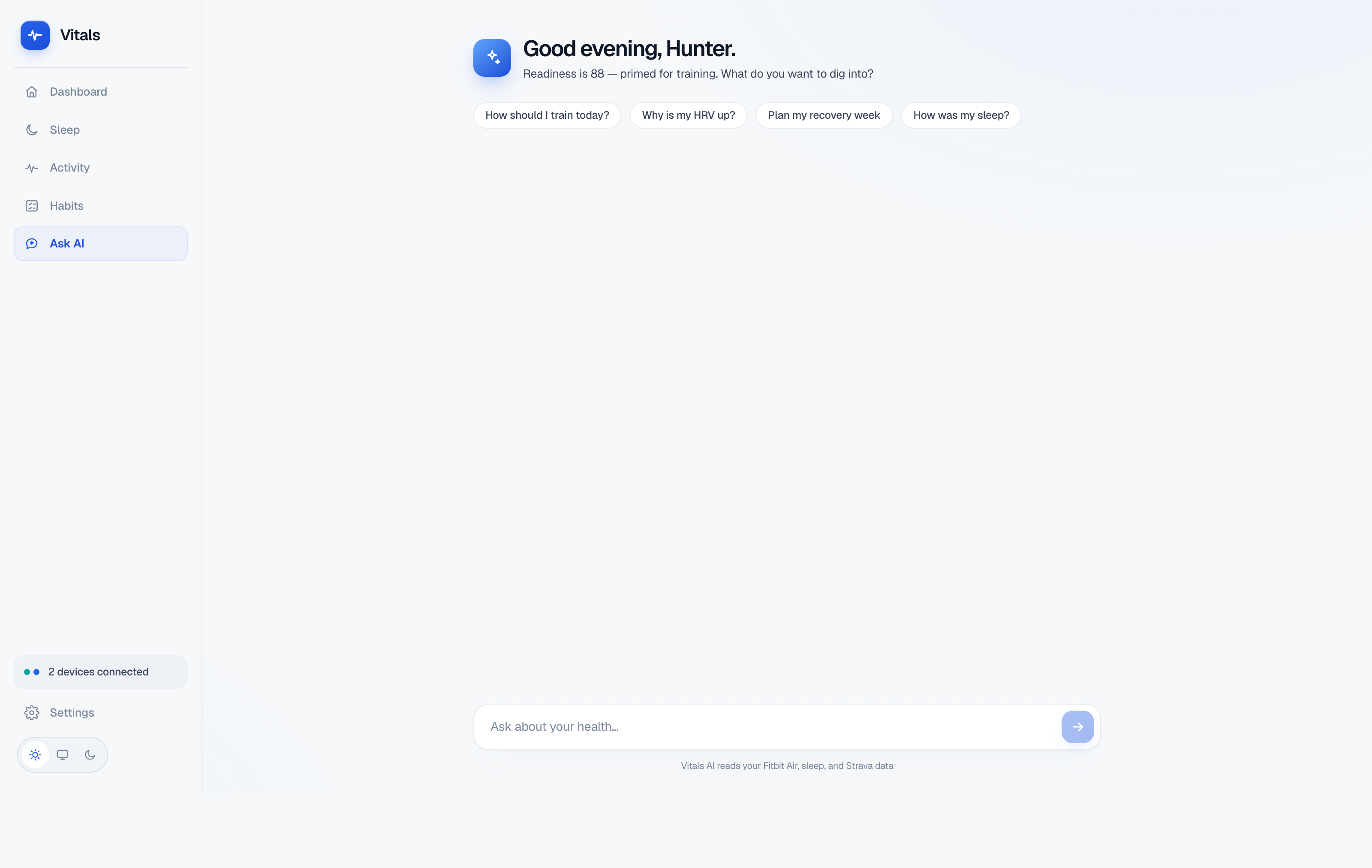 The Ask AI page: a chat with an AI health coach that references your readiness, HRV and sleep, with suggestion chips.