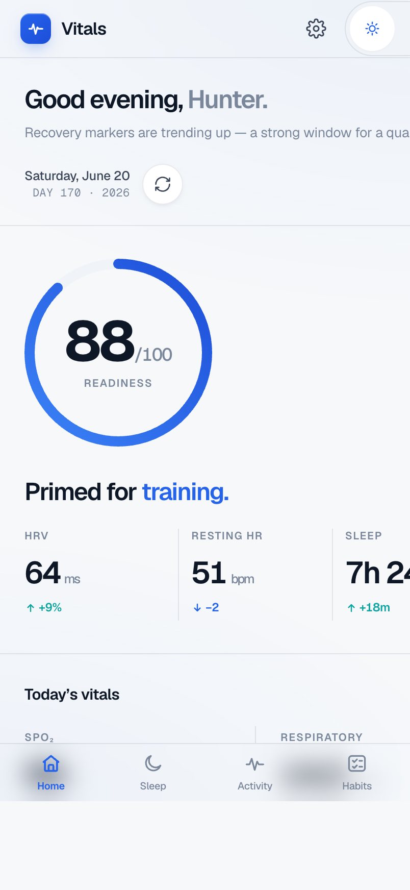 Vitals installed as a mobile app: the readiness ring and metrics with a bottom navigation bar.